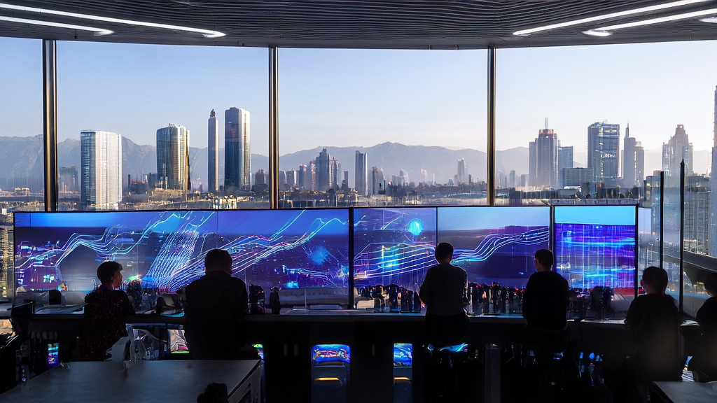 Office of an independent site in a future city in 2025, showcasing the application of AI keyword optimization technology