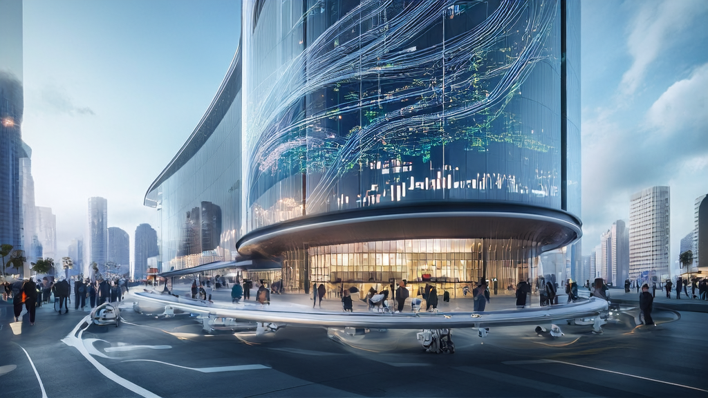 A futuristic city where an independent station uses AI technology for keyword optimization, with screens displaying 3.3 million "flash apps" generated by Lingguang App