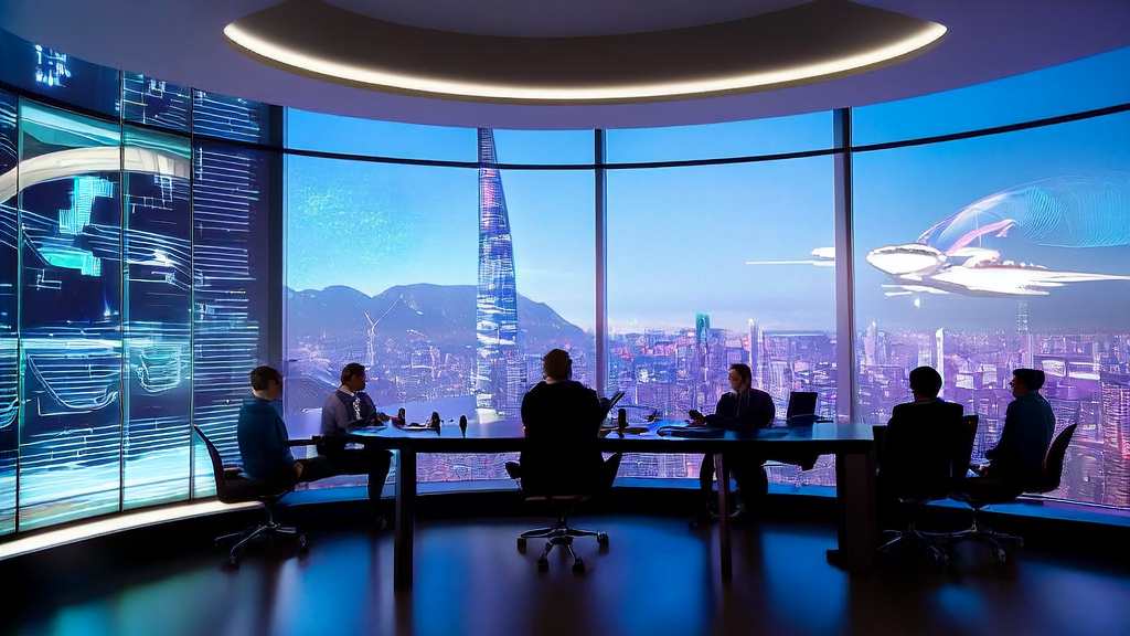 未来城市的办公场景，团队讨论AI关键词优化技术