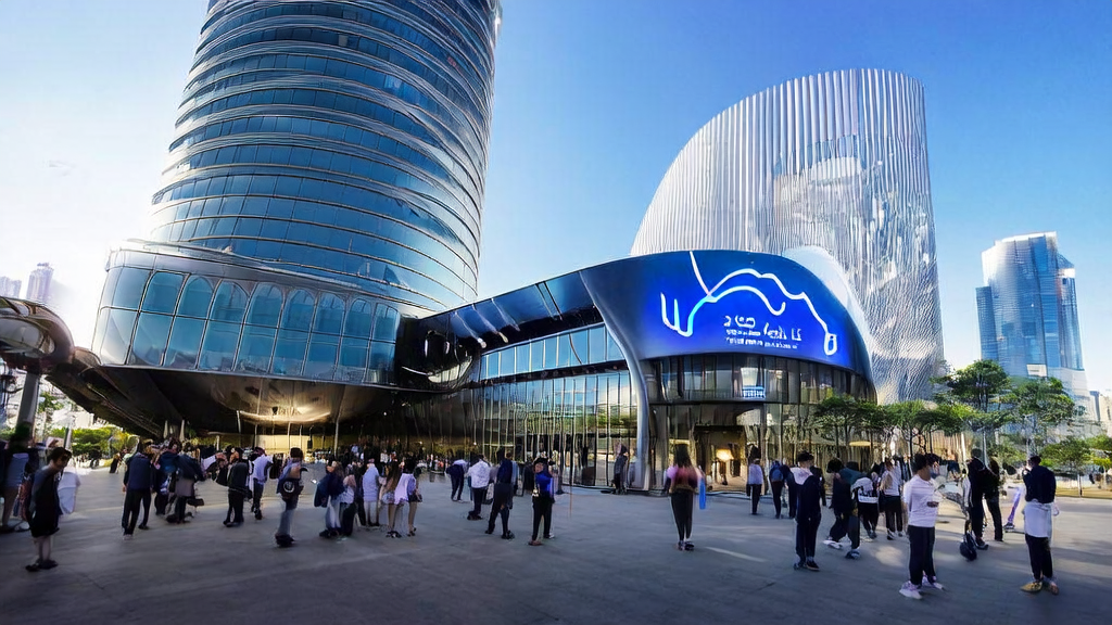 A futuristic city with the Google DeepMind Singapore lab, where students are experiencing free AI Pro services, and a display showcasing AI customer acquisition trends and strategies for 2025.