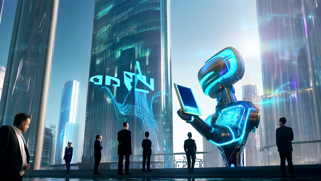 In a futuristic cityscape, a business professional interacts with an intelligent robot showcasing AI-driven customer data cleaning services.