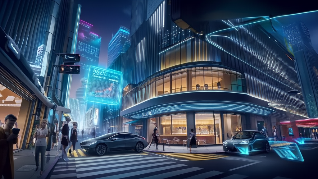 A scene of future city AI marketing, showcasing autonomous vehicles and an AI recommendation system in a modern café