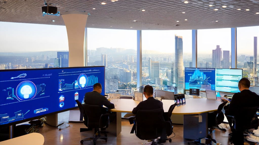 未来城市的高科技办公楼内，员工使用AI工具进行个性化营销工作，显示屏上展示实时数据分析图表和高级文件编辑器。