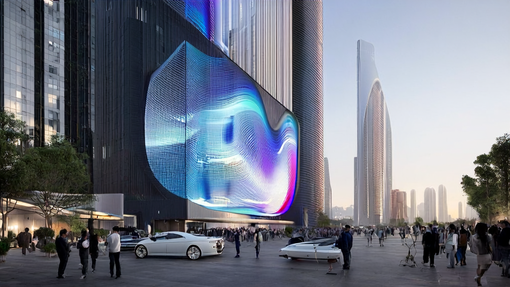 In the skyline of a future city, a business person is interacting with a virtual assistant via a smart device to discuss AI marketing strategies.