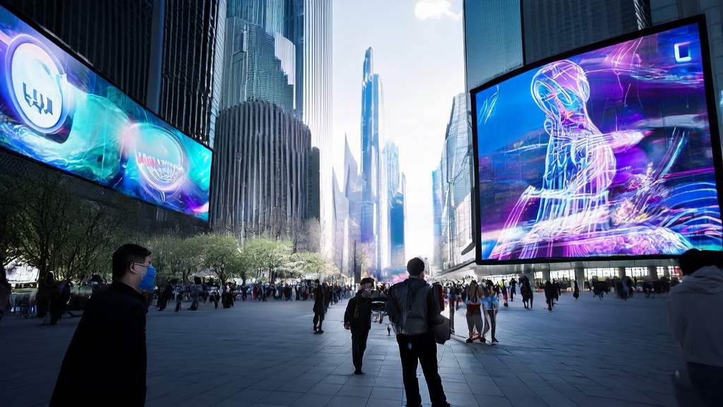 On the streets of a futuristic city, people interact with AI-generated videos and virtual assistants