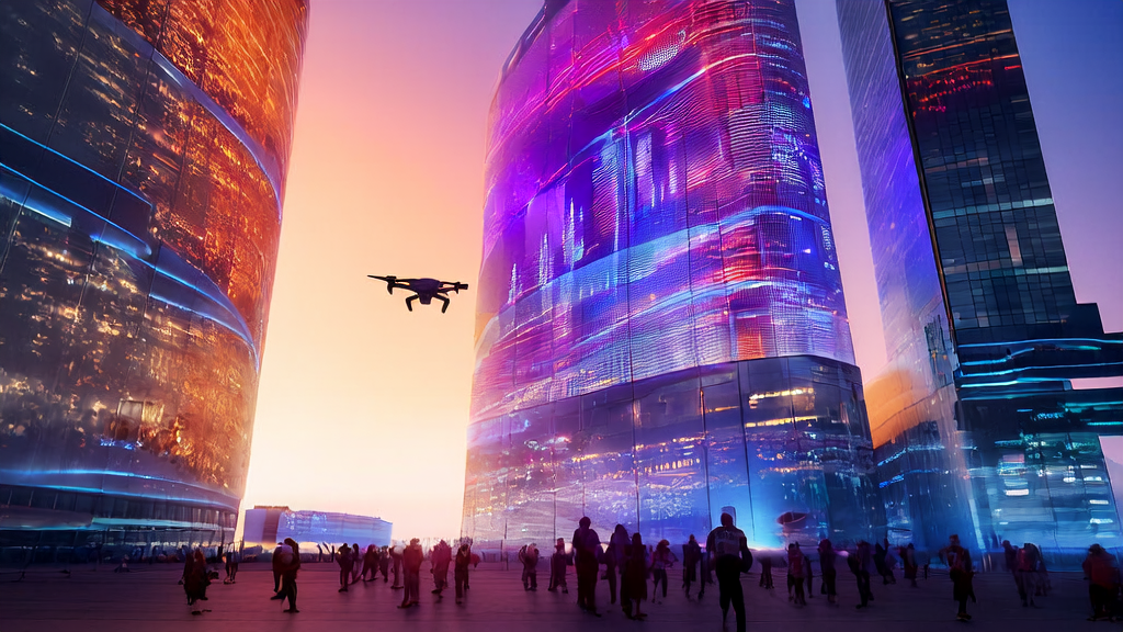 AI marketing team discussing new acquisition channels and security in a futuristic cityscape