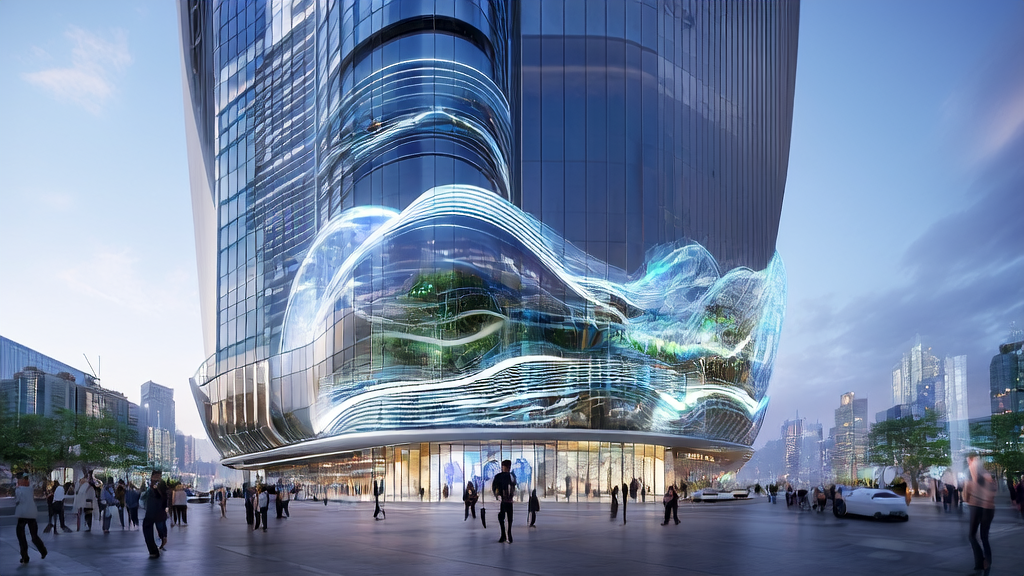 Headquarters of a tech company in a future city, showcasing AI-generated dynamic video ads and interactive scenes with smart devices