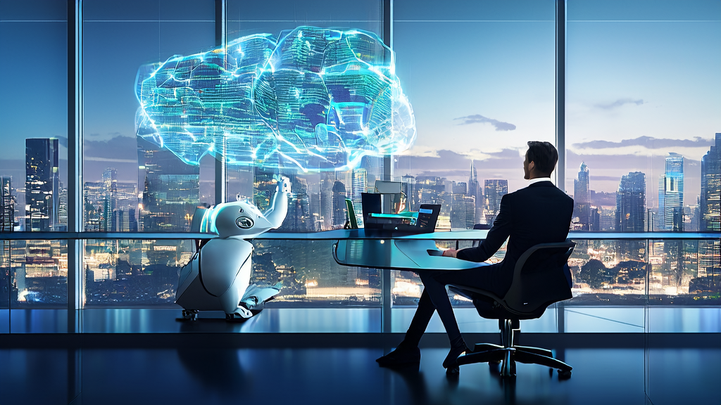 A futuristic city scene showcasing global email marketing monitoring and intelligent content generation with AI