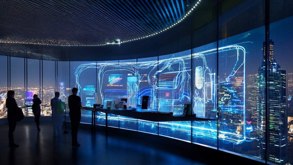 未来城市中的AI营销场景，展示DeepSeek公司利用AI预测模型筛选优质客户的过程