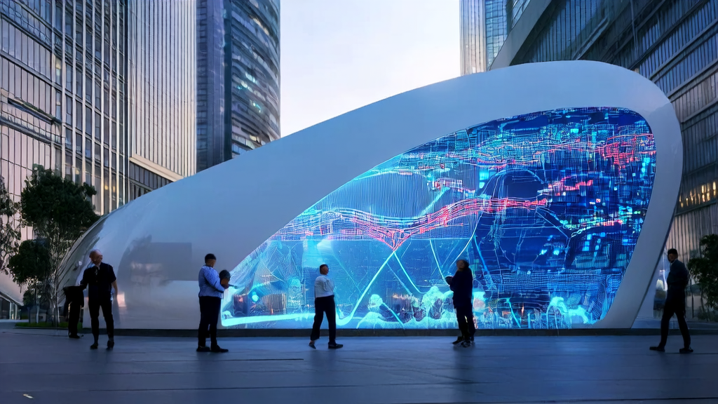 未来城市的AI营销场景，展示Deep Think模型的工作环境