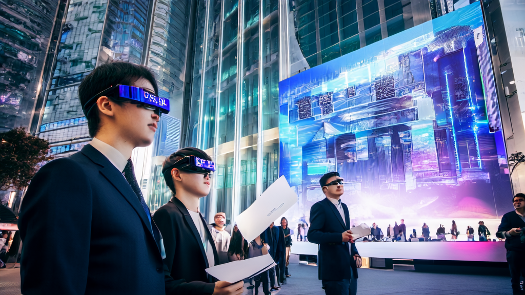 In a futuristic city, people wear Infinite Memory AI glasses, while two young entrepreneurs stand in front of a high-tech company, showcasing the process of AI marketing.