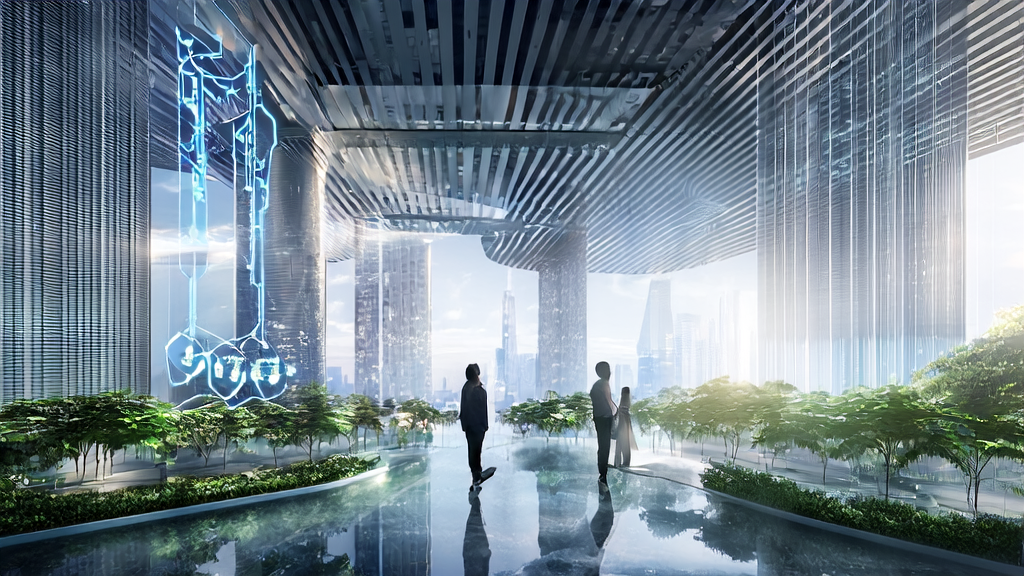 未来城市的AI营销场景，展示AI智能获客系统和个性化邮件营销的应用