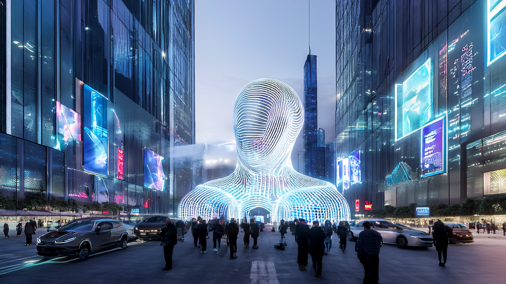 AI marketing in a futuristic city: showcasing precise ad targeting and business discussions on AI technology applications