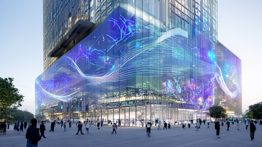 A futuristic city office building integrated with AI marketing technology, showcasing smart devices and personalized email notifications.
