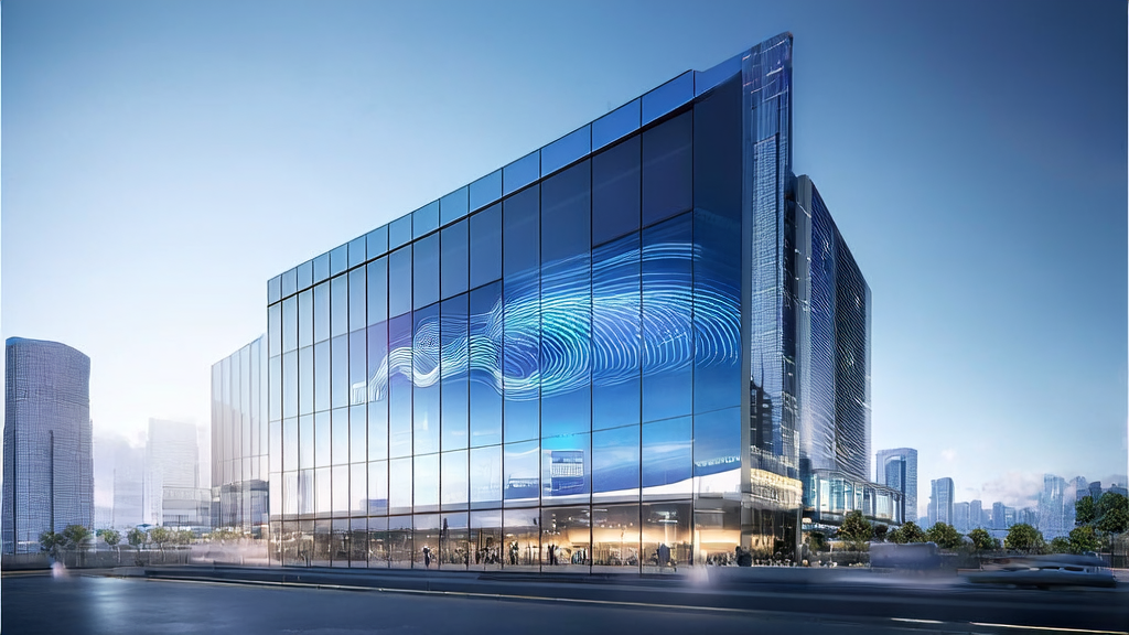 In a futuristic city office building, a marketing manager uses AI tools to analyze customer data for hyper-personalized email marketing