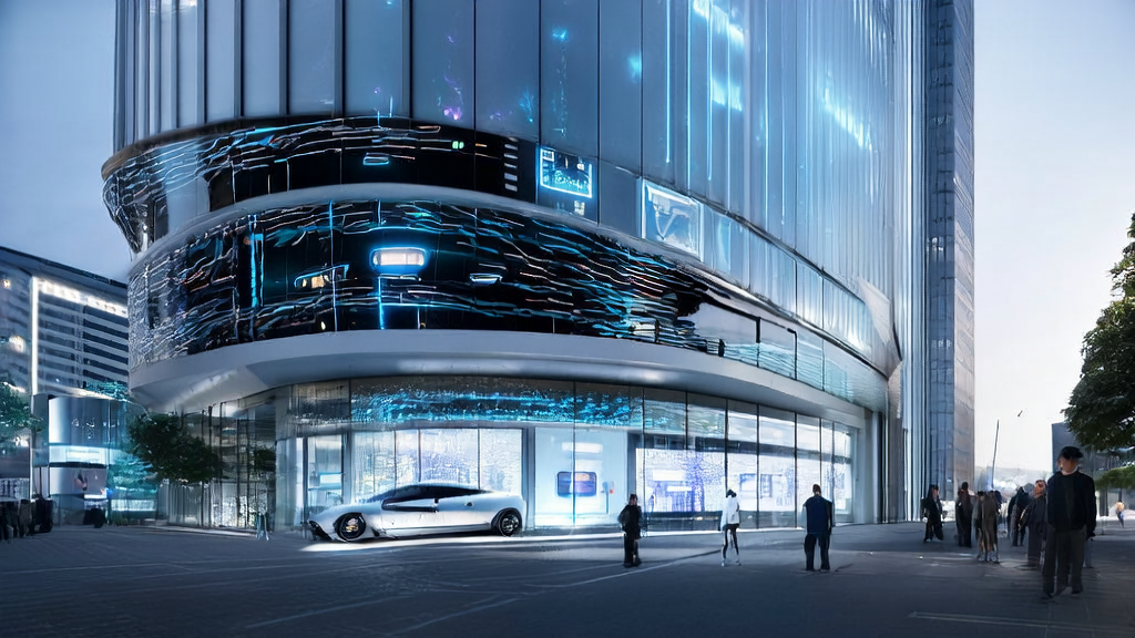 未来城市的智能办公楼前，机器人客服与客户互动，展示个性化邮件内容，自动驾驶车辆和智能家电吸引路人驻足