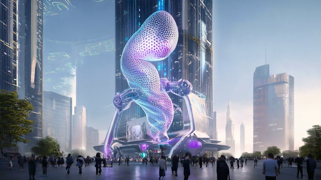 A futuristic city scene showcasing AI-optimized advertising and smart interaction technology