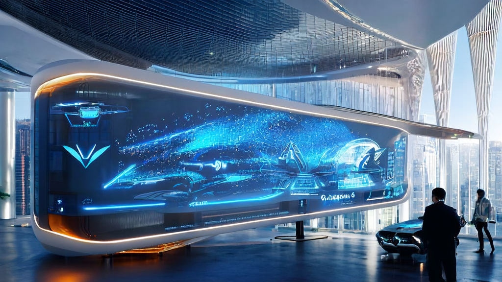 未来城市的现代化办公室中，市场营销专家使用AI技术进行个性化邮件营销