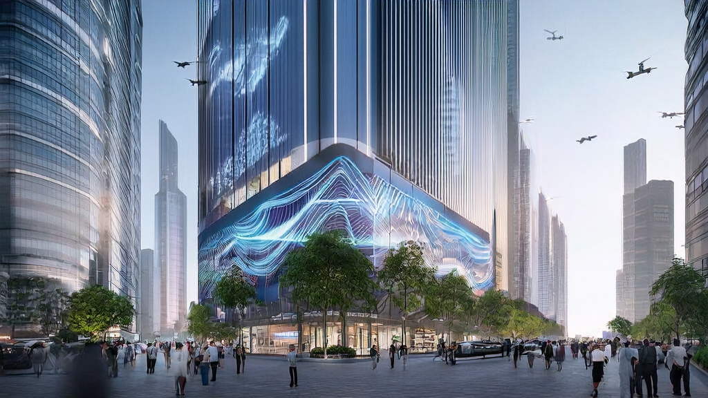 AI marketing in a futuristic city: Ad screens on skyscrapers, autonomous vehicles, and smart robots providing services, heralding new customer acquisition trends in 2025.