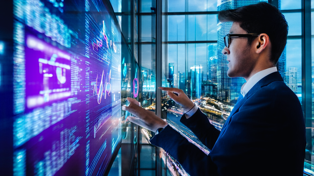 In a futuristic city office building, an entrepreneur is analyzing AI-driven personalized email marketing data, with the bustling city night view in the background.