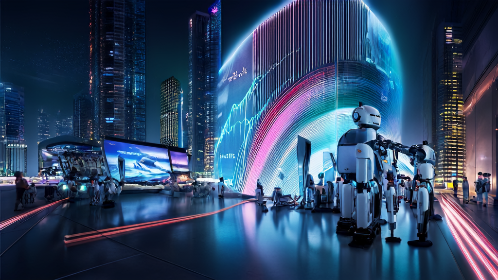 A futuristic city's high-tech marketing center displaying data streams and customer profiles, with AI robots processing marketing tasks