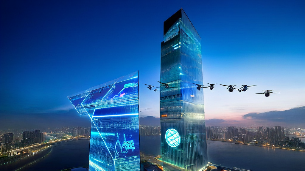 AI marketing control center in a futuristic city, showcasing how AI technology optimizes ad placement and precisely targets potential customers.