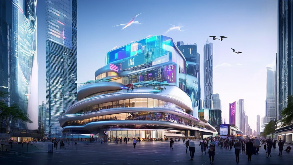 A futuristic city's AI marketing company showcasing tech-filled streets and advanced marketing techniques
