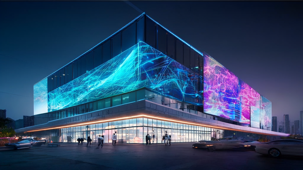 Interior of a high-tech company in a future city, featuring data flow screens displaying real-time market analysis and customer behavior predictions, with employees interacting with AI systems