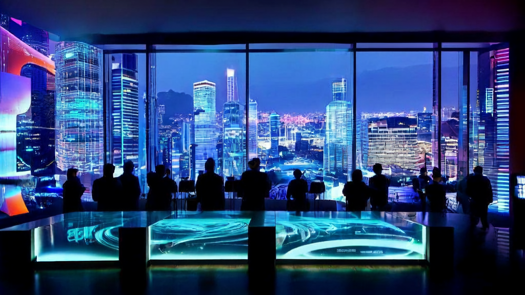 未来城市的智能办公大楼内，创业者们正在讨论如何利用AI技术提升跨境电商的获客效率