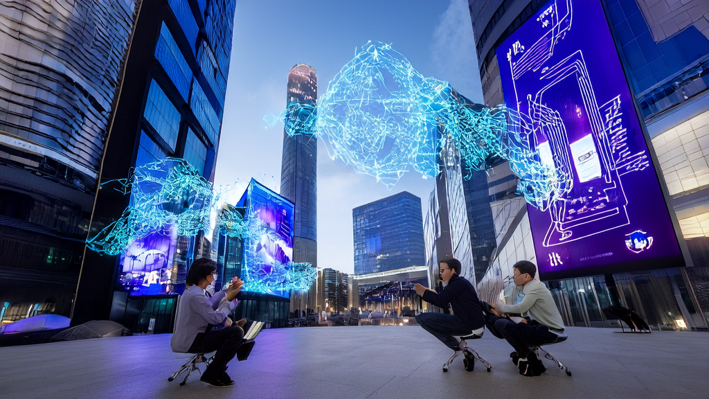 未来城市中的创业者们围绕阿里巴巴Qwen3-Max-Preview超大规模语言模型讨论AI营销策略