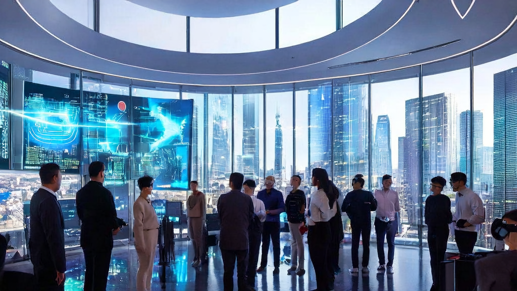 未来城市中科技工作者讨论2025年AI获客新趋势，展示最新Adobe Firefly Image 5生成的高清图像和超个性化邮件营销概念。