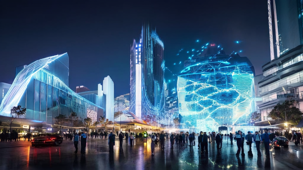 未来城市的夜景中，一群年轻人在科技公司大楼前讨论AI营销方案，背景是无人驾驶汽车和数据分析图表。