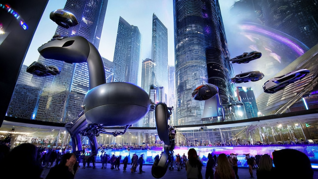 AI marketing event in a futuristic city showcasing the interactive features of Hengbot Sirius robot dog