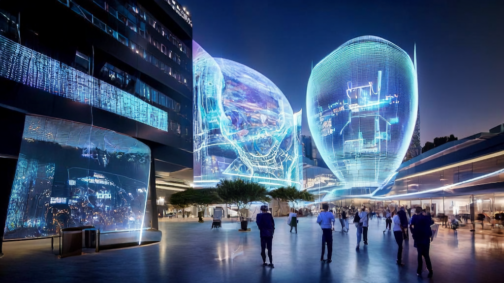 AI marketing hub in a future city where employees interact with global clients using ChatGPT Projects