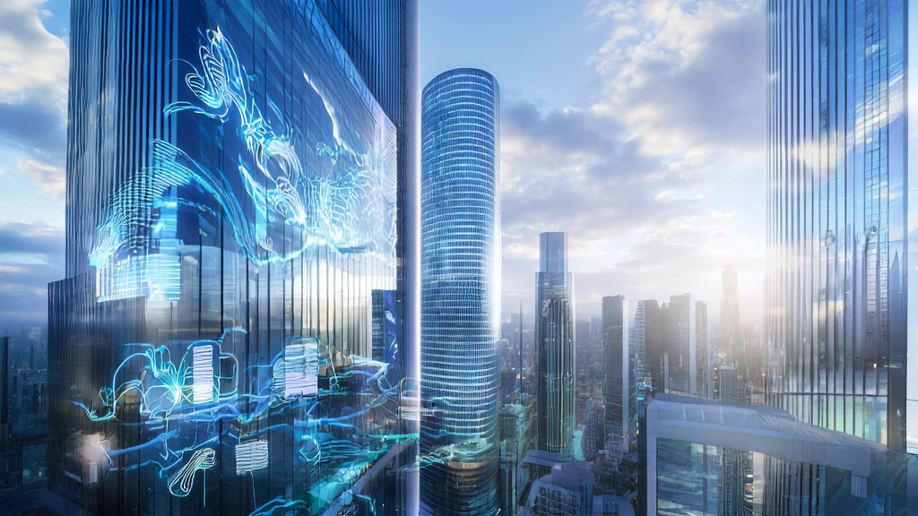 AI marketing company in a futuristic city, showcasing AI-optimized email marketing