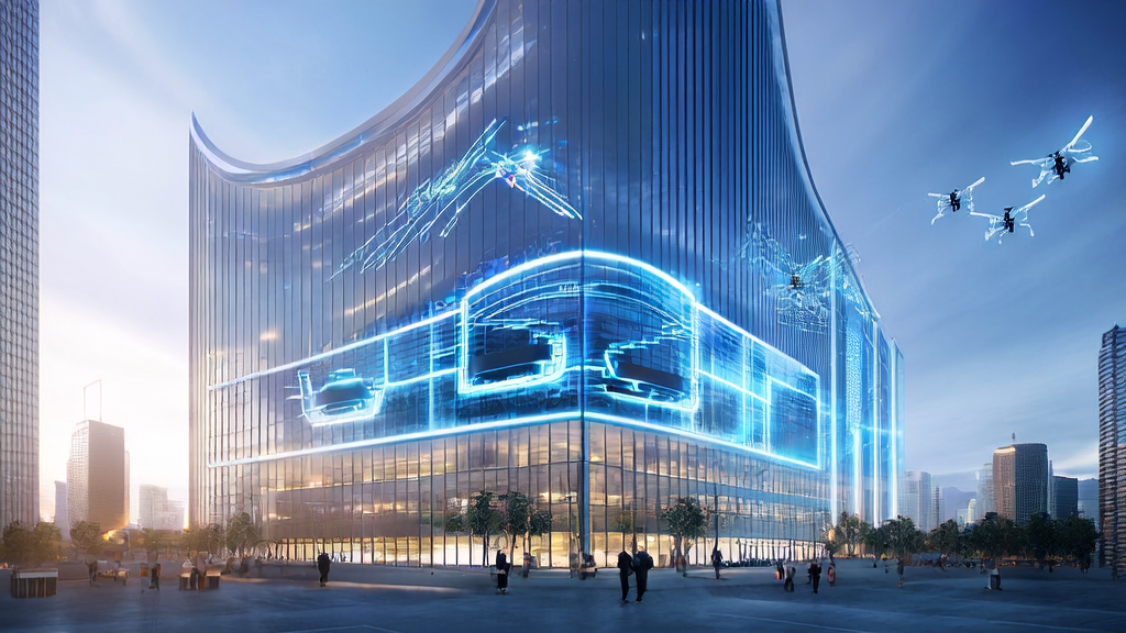 未来城市的办公大楼，高科技感十足，员工们通过智能屏幕监控AI优化的邮件营销数据。