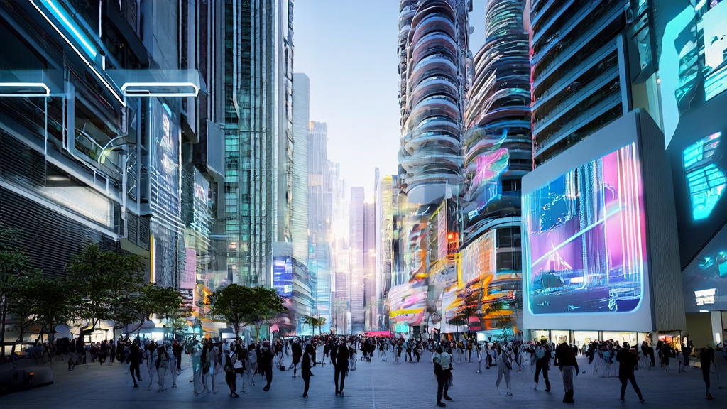 People in a futuristic city discussing new AI marketing channels and strategies for 2025