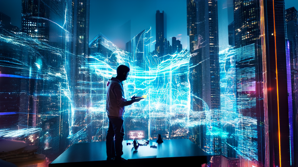 A scene of AI marketing innovation in a future city, showcasing JimengAI technology applications