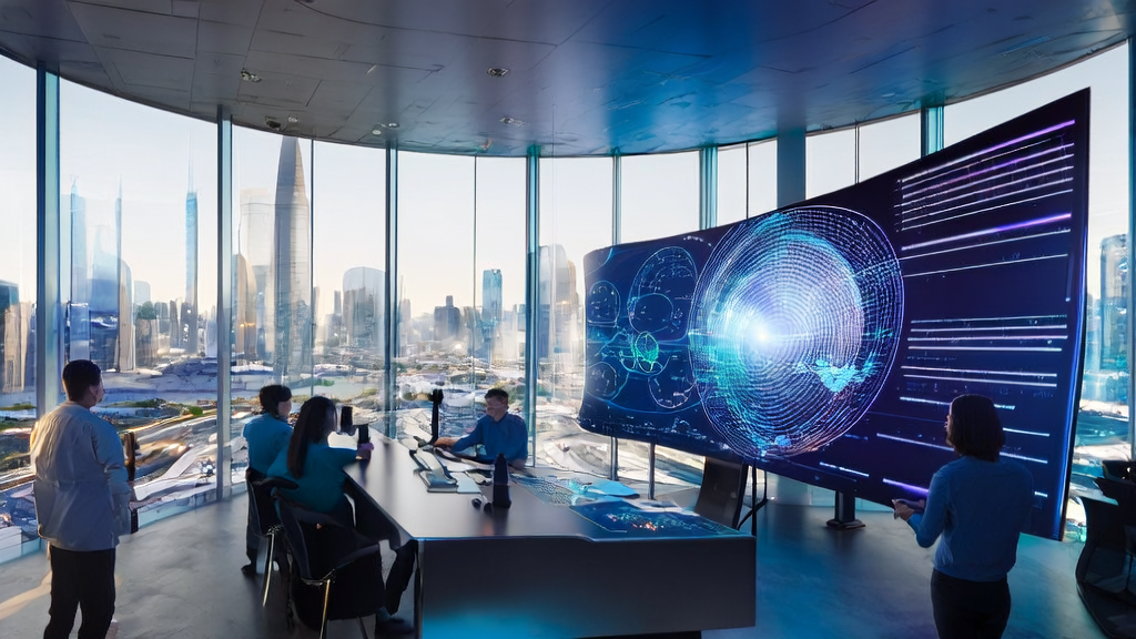 未来城市的科技公司内，员工们正在利用AI客户预测模型和Adobe Firefly视频编辑工具优化广告投放策略。