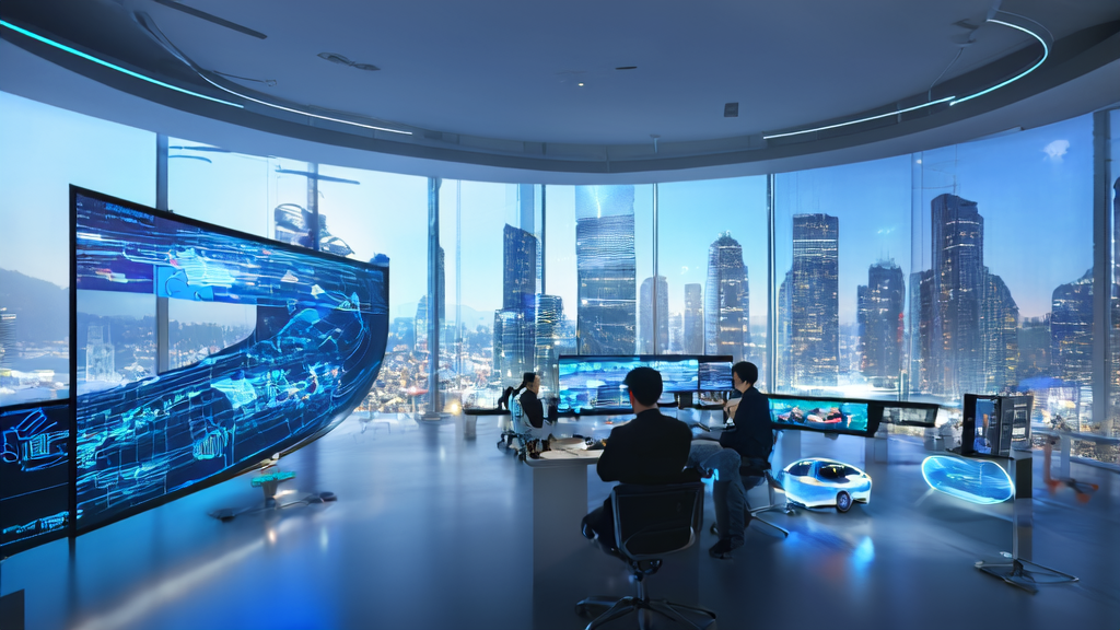 未来城市中的高科技办公室，展示AI驱动的市场营销环境