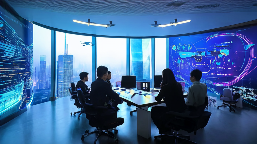 An AI marketing office in a futuristic city, showcasing the outstanding performance of Chinese teams in the global market