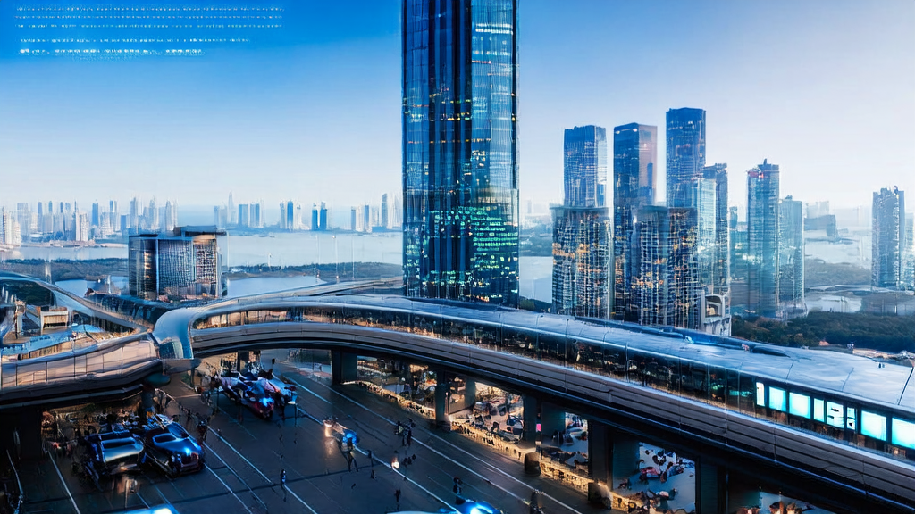 AI developers in a futuristic city discussing how to optimize smart email marketing strategies using Alipay's new AI tipping service