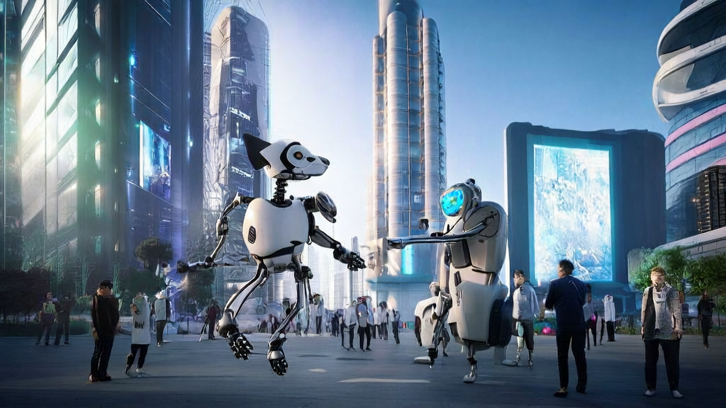 Corner of a futuristic city, engineers showcasing the Sirius robot dog with dancing, soccer-playing, and AI chat features
