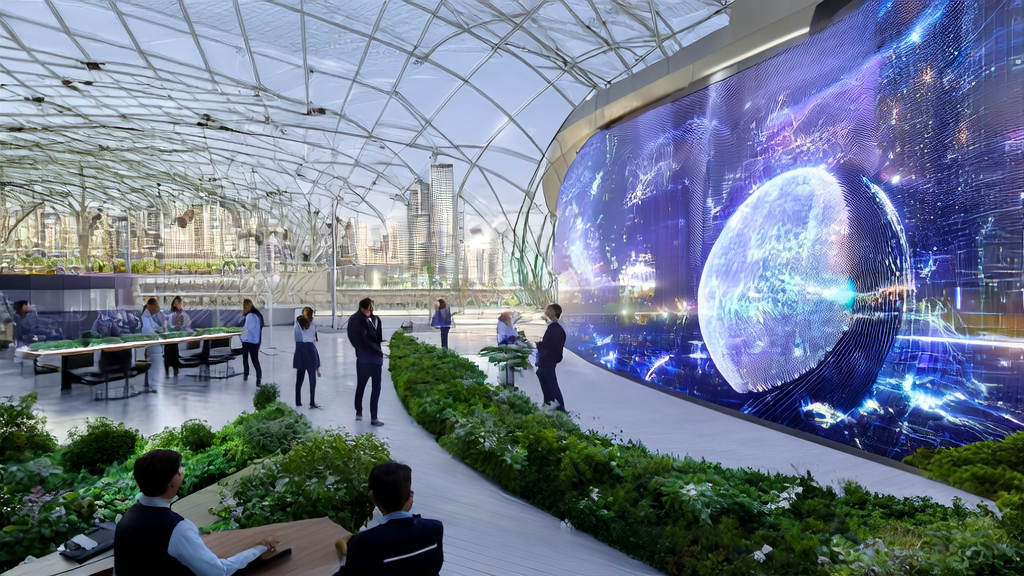 In a futuristic city tech park, scientists and technicians are discussing how to optimize customer acquisition strategies and global environmental monitoring using AI technology.