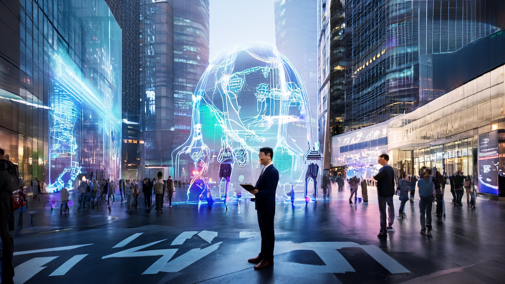 A large screen displaying AI-driven customer acquisition solutions in a futuristic city, with an entrepreneur interacting with a virtual assistant