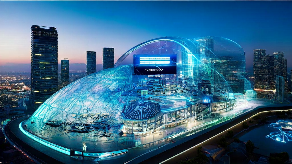 AI marketing solutions showcase in a futuristic city
