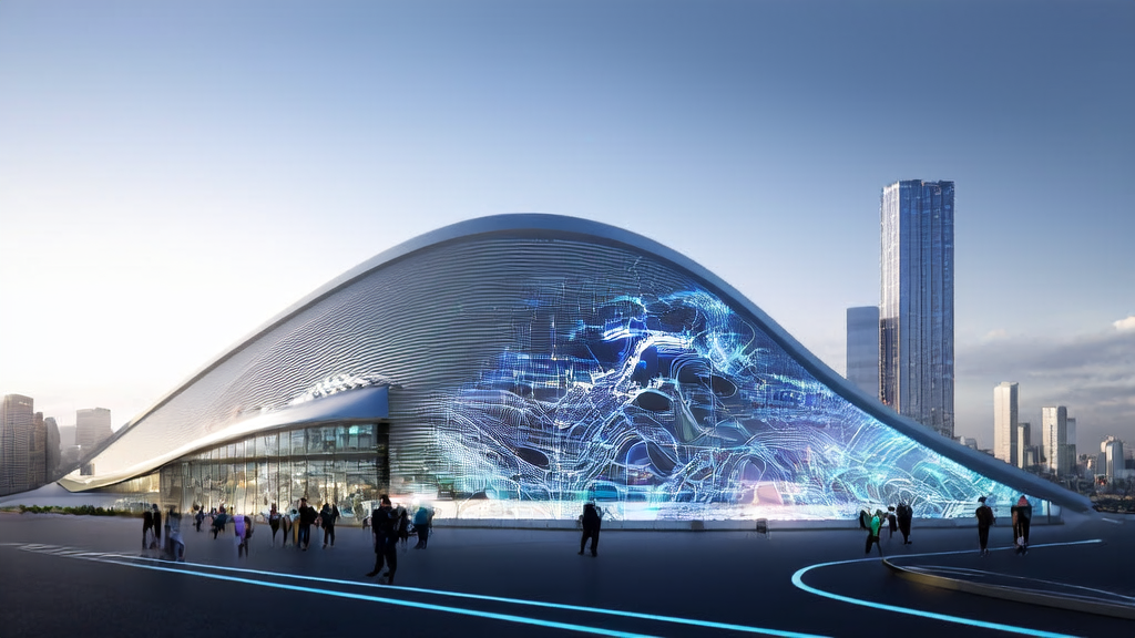 A modern smart office building in a futuristic city showcasing the latest AI and embodied intelligence applications in marketing strategies