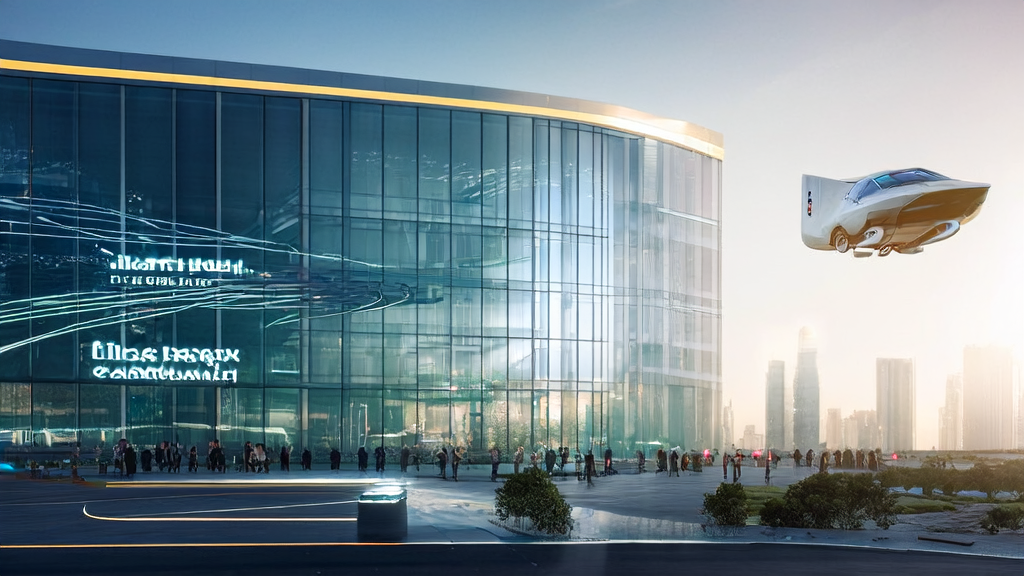 未来城市的现代化办公楼前，一群科技工作者讨论AI优化海外市场，背景是繁忙的城市景象，前景是一个巨大的AI机器人手持一本打开的书，旁边屏幕上播放英伟达LLM微调指南和成功案例。