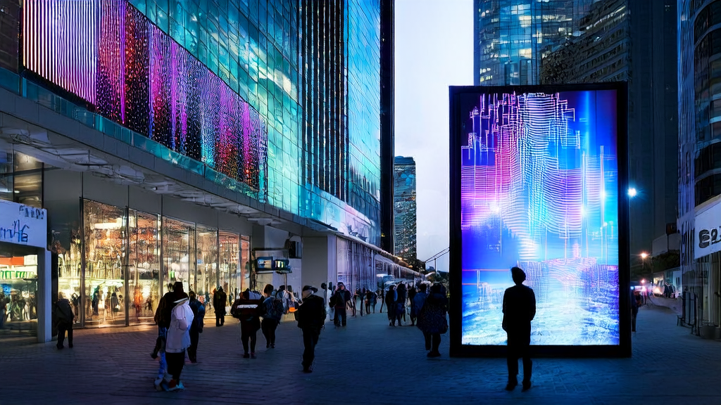 AI marketing transformation in a futuristic city: An entrepreneur holding a smart device with a backdrop of skyscrapers and a large digital billboard.