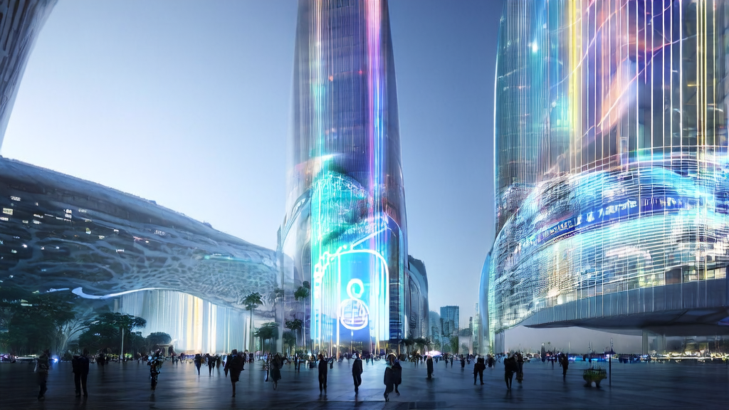 Scene of AI marketing transformation in a futuristic city, featuring Oracle's billboard and real-time market data